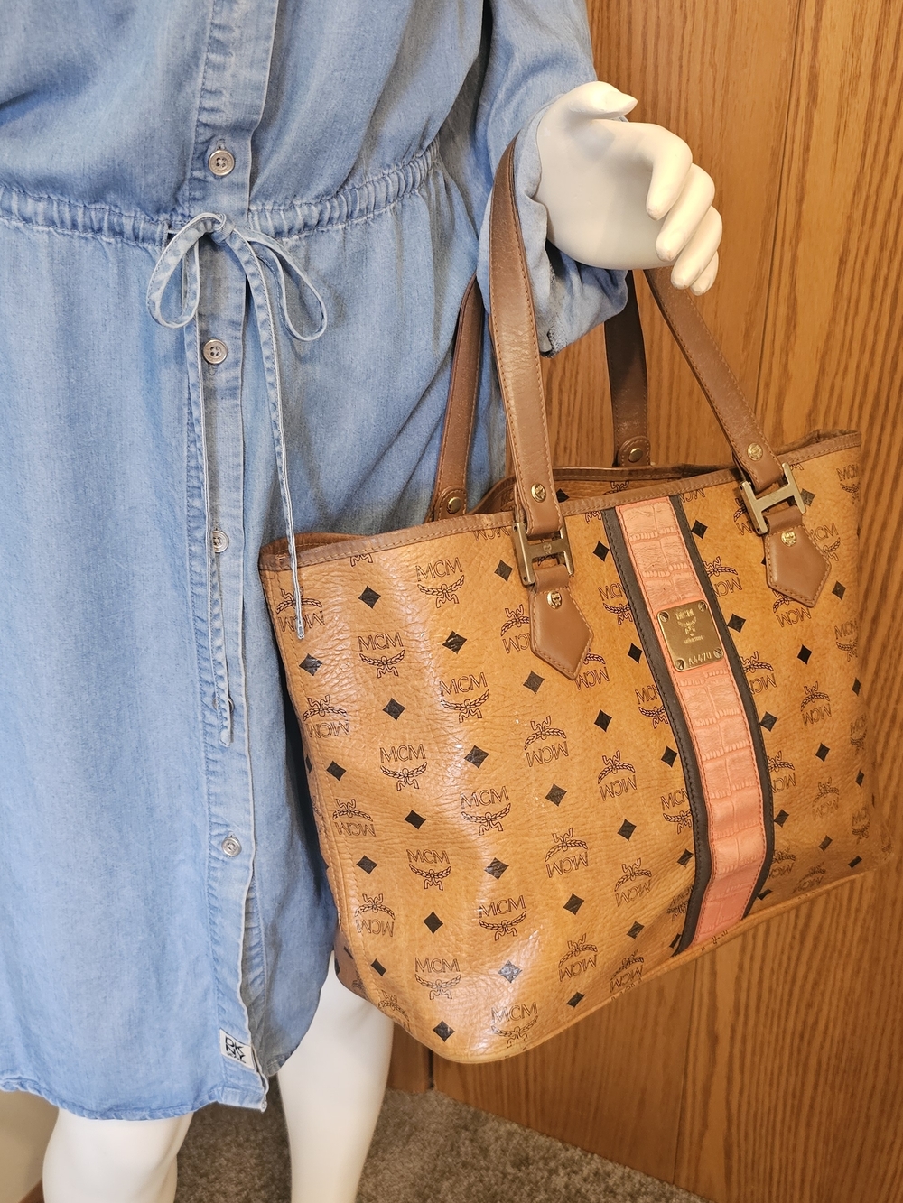 MCM Cognac Monogram Tote with Pink Center Stripe - Picture 3 of 16